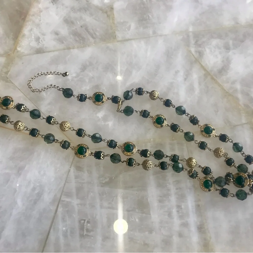 Long Green and Gold Beaded Necklace - Picture 2 of 2